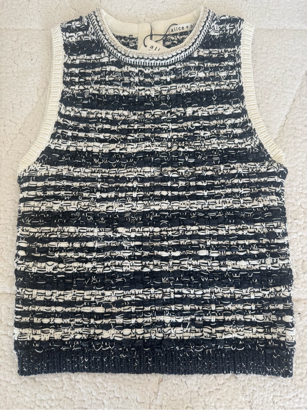 Alice + Olivia Black & White Textured Knit Embellished Neck Top Size S NWT